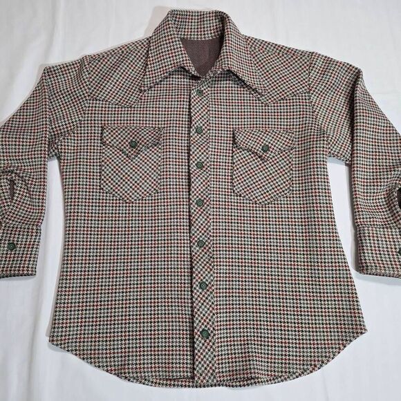 VINTAGE MENS MEDIUM 60'S 70'S POLY HEAVY LS SHIRT WING COLLAR HOUNDSTOOTH GREEN - Picture 1 of 8